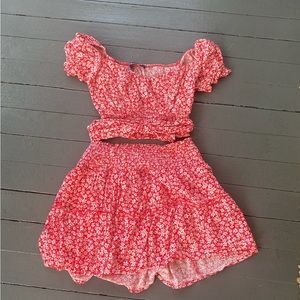 Red and white two piece skirt set